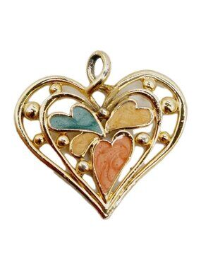 Gold Tone Heart Pendant Blue Pink Yellow Hearts